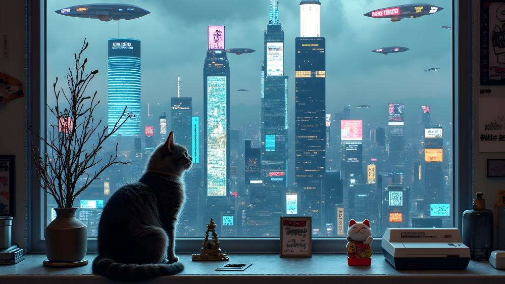 Feline Gaze Over Futuristic Metropolis wallpaper