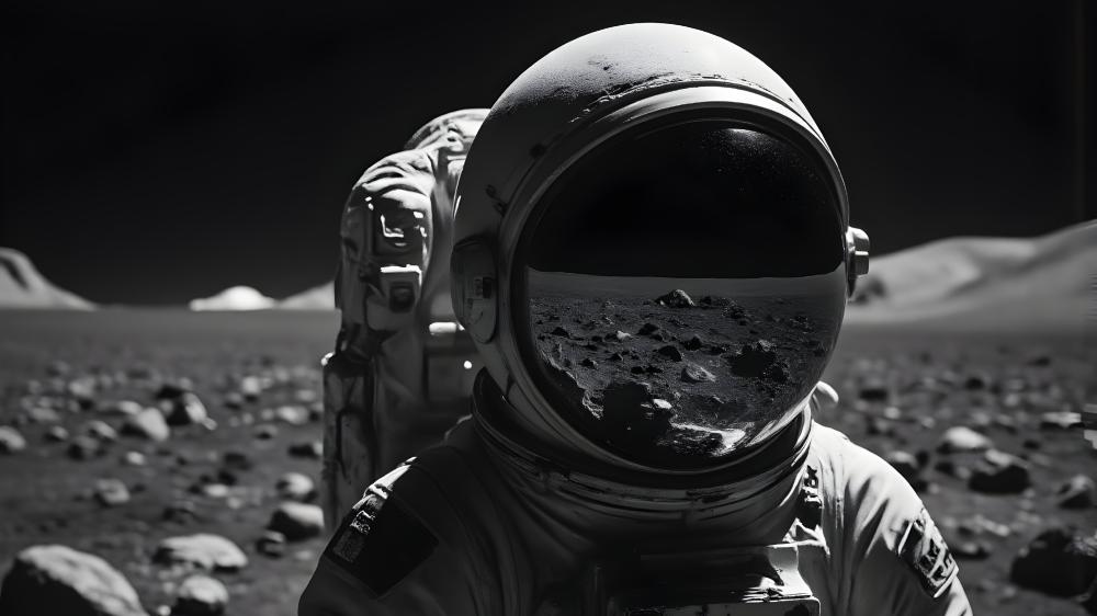 Astronaut's Journey Across Alien Terrain in Monochrome wallpaper