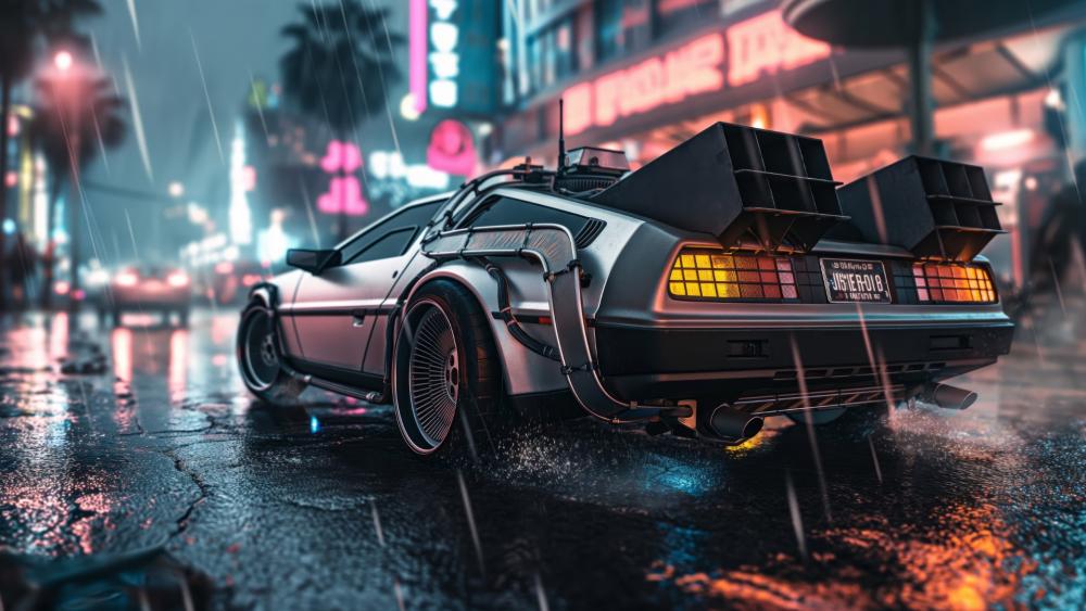 Futuristic DeLorean in Neon Cityscape wallpaper