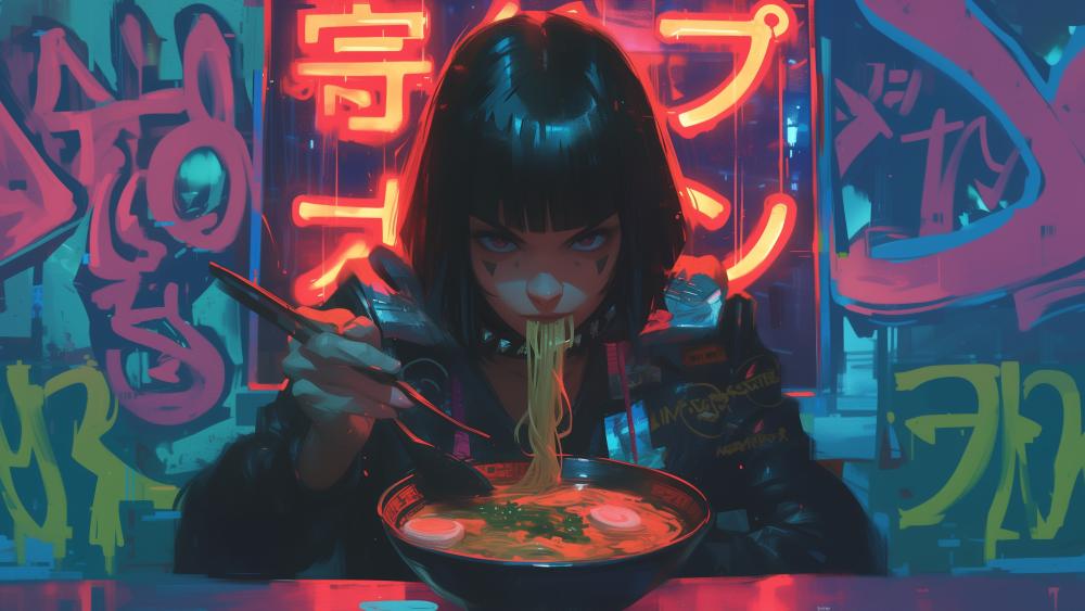 Anime Girl Enjoying Ramen in Neon Glow wallpaper