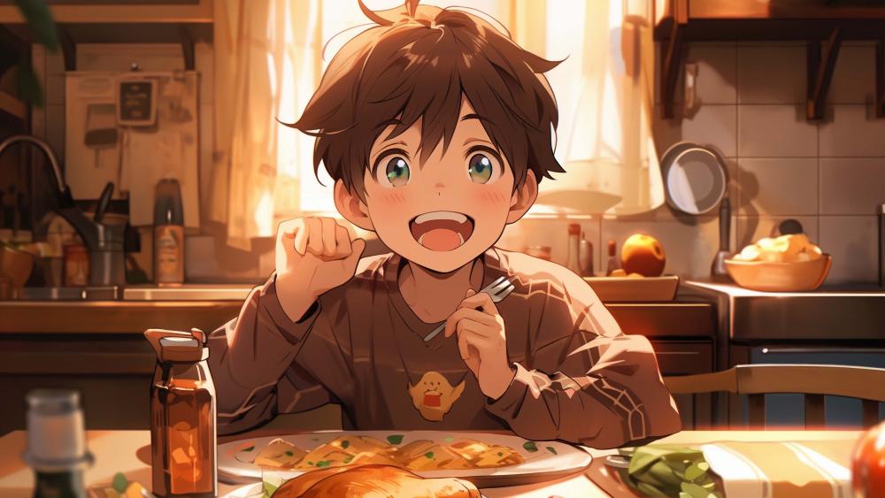 Anime Boy Enjoying Lunch in a Cozy Kitchen wallpaper