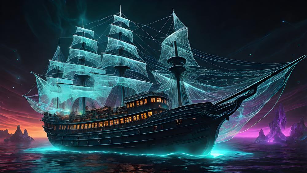 Ghostly Voyage of the AI-Rendered Tall Ship wallpaper