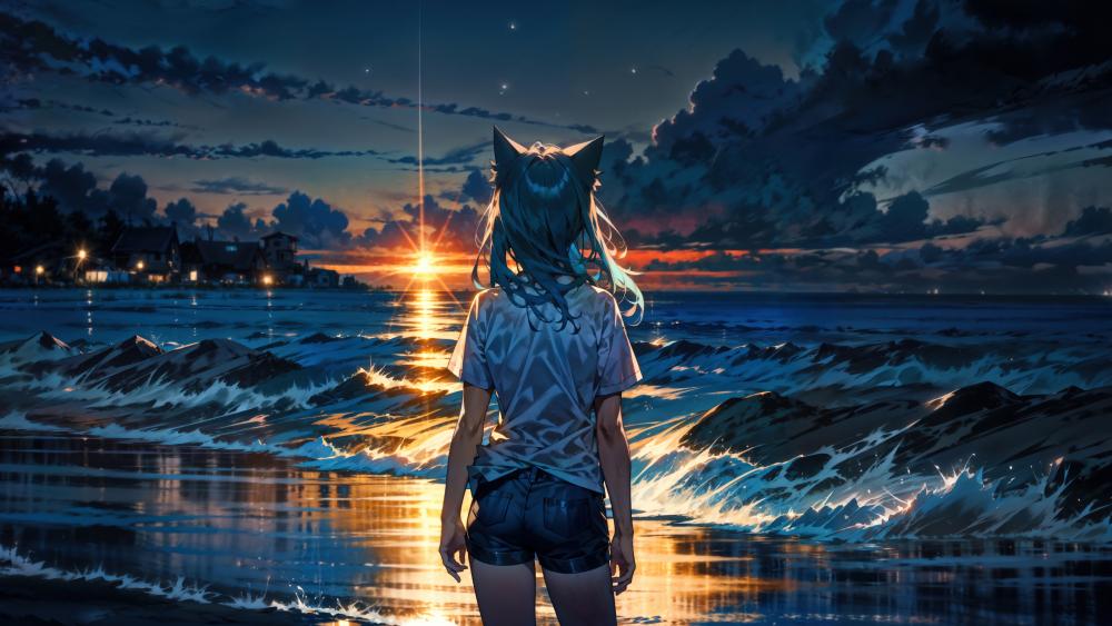 Mystical Dusk by the Sea with Neko Girl wallpaper