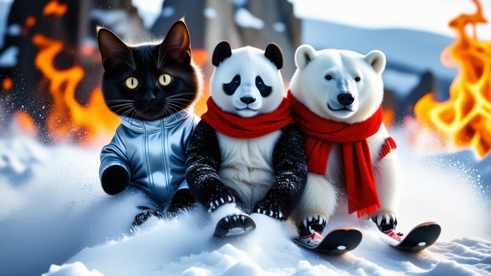 Skiing Buddies: Cat Panda and Polar Bear Duo wallpaper