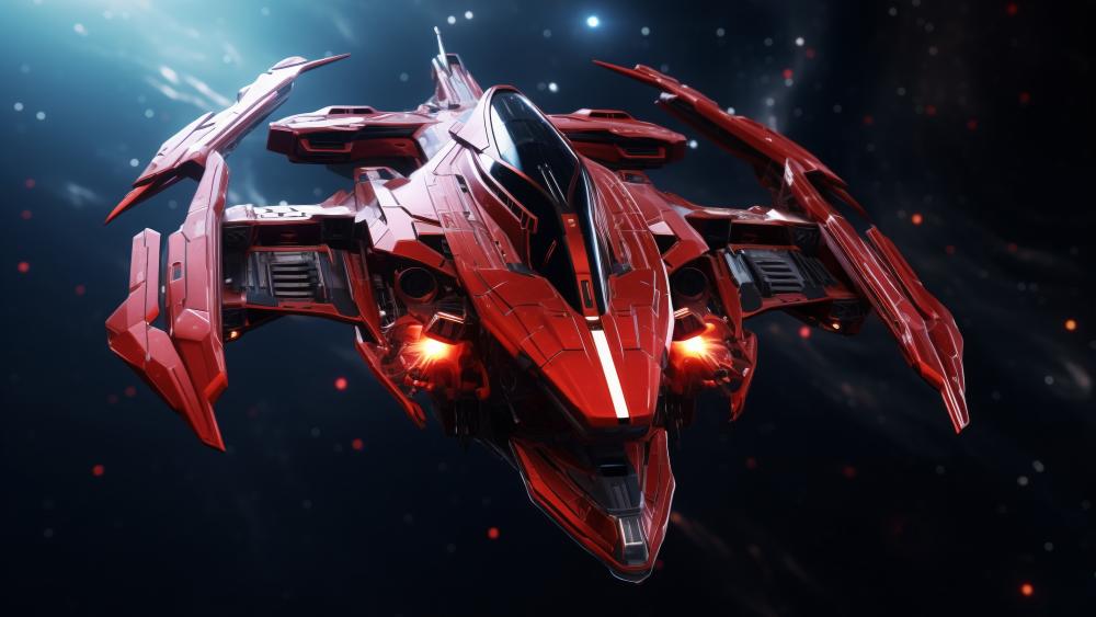 Red Odyssey Futuristic Spacecraft Soars through the Stars wallpaper