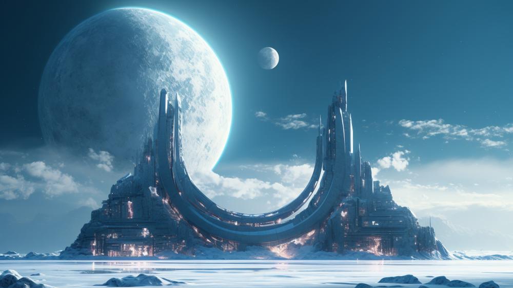 Futuristic Moonlit Citadel in a Sci-Fi Landscape wallpaper