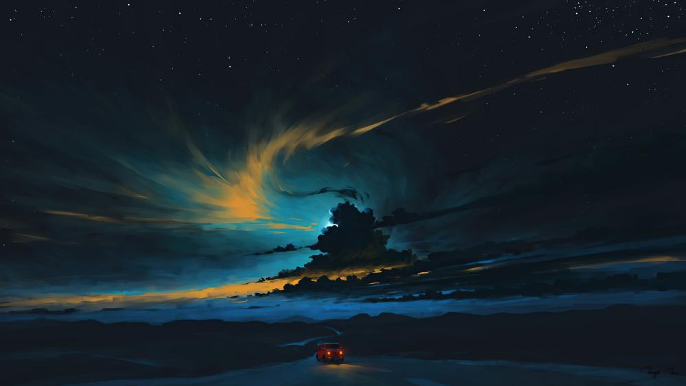 Dusk Journey Under a Starry Sky: Anime Art wallpaper