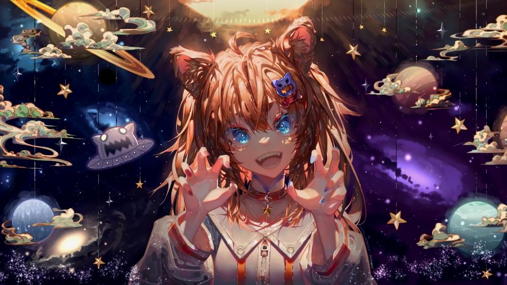 Anime Catgirl with Celestial Wonders wallpaper