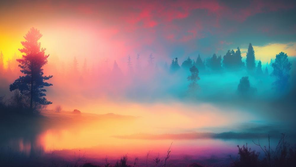 Misty Morning Glow in Enchanted Forest wallpaper