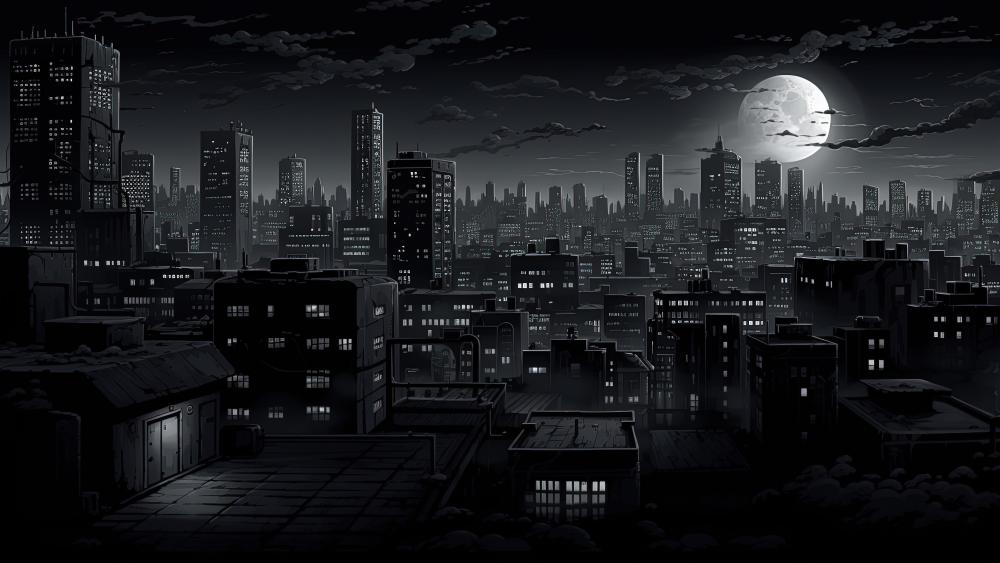 Dark Moonlit Cityscape: Urban Fantasy in Monochrome Art wallpaper