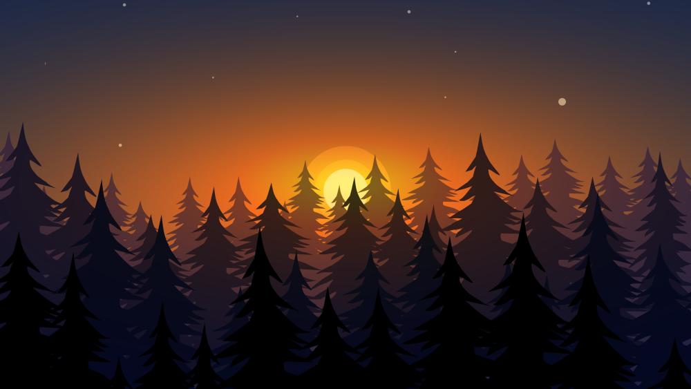 Sunset Serenity in a Minimalistic Forest Scene wallpaper