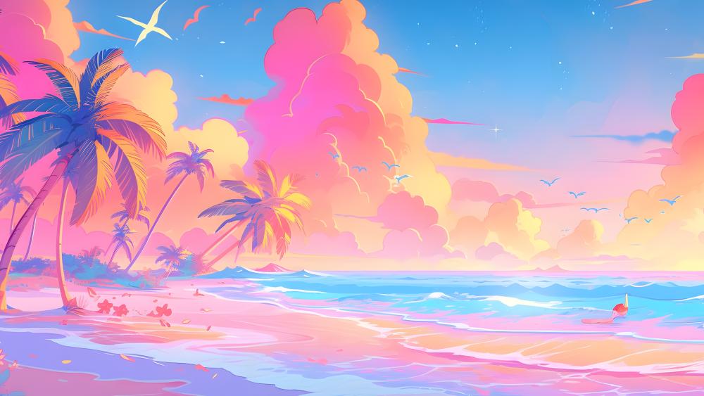 Tropical Anime Dreamscape in Pink Hues wallpaper