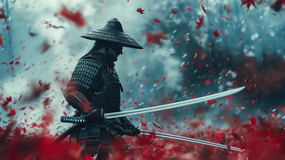 Samurai Amidst Falling Leaves in Mystical Battle Scene wallpaper