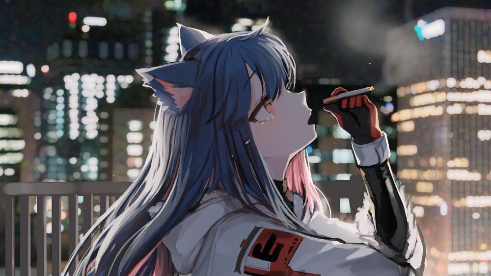 Smoking Neko Girl in Cityscape wallpaper