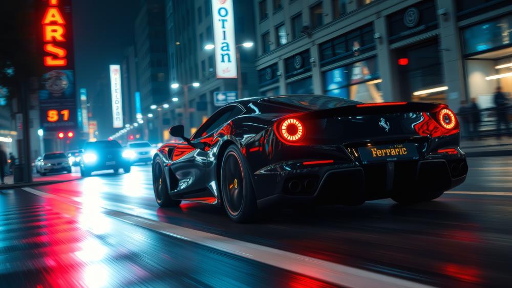 A sleek black Ferrari speeding down a wet city street at night wallpaper