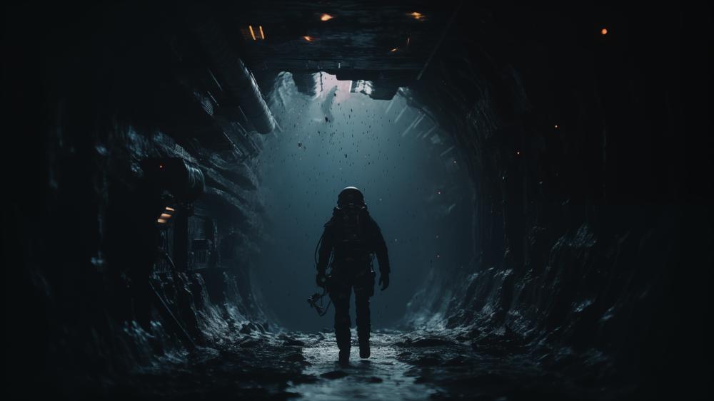 Futuristic Explorer in a Dimly Lit Tunnel wallpaper