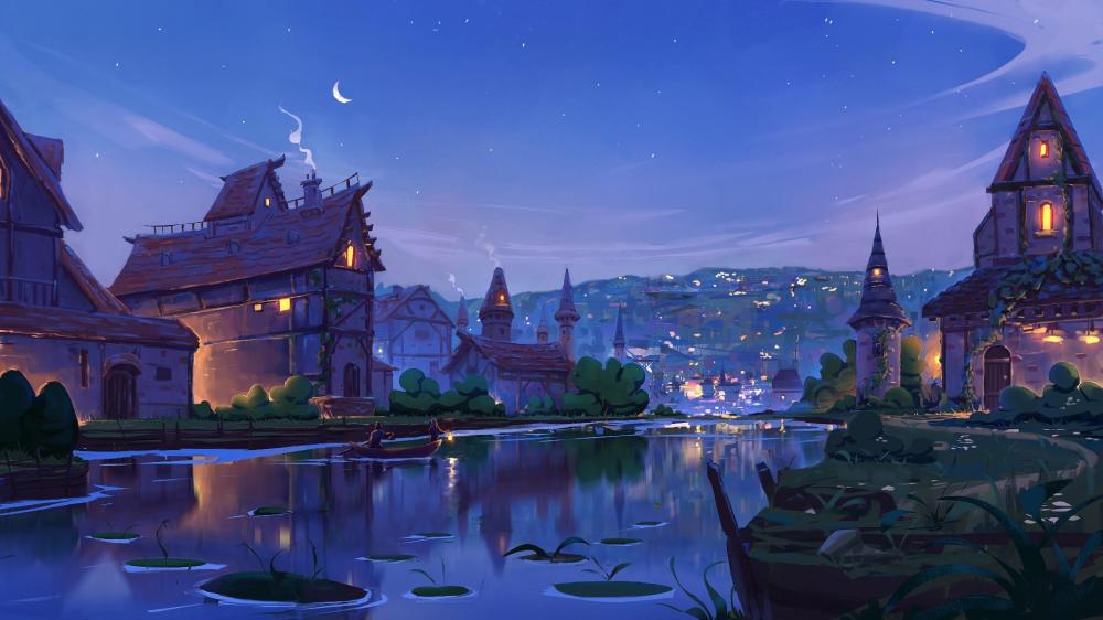 Anime Enchantment Along the Moonlit River wallpaper