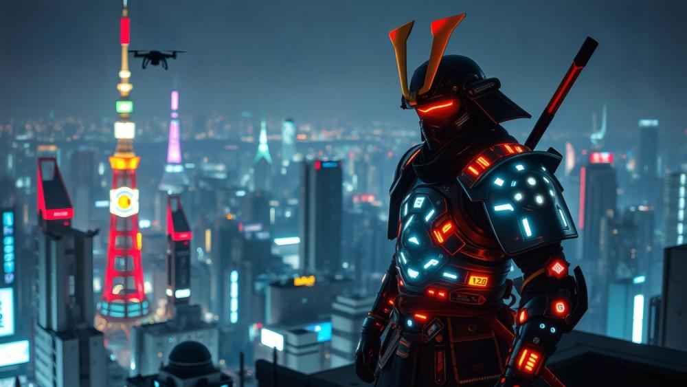 Futuristic Samurai Overlooking Neon Skyline in 8K wallpaper