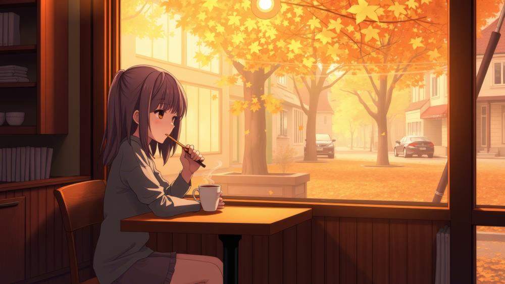 Autumn Reflections in a Cozy Café with AI Art wallpaper