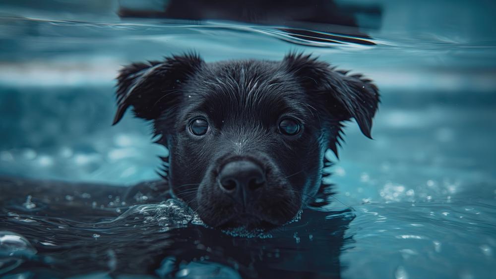 Black Puppy Swimming Adventure in Blue Waters wallpaper