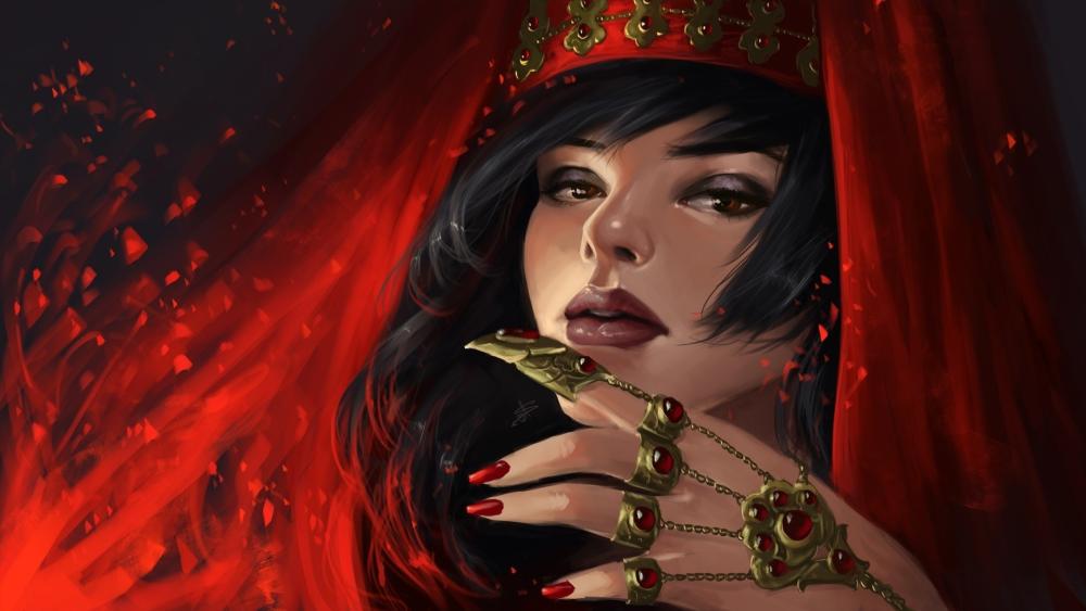 Enchanting Sorceress in Crimson Veil Fantasy Art wallpaper