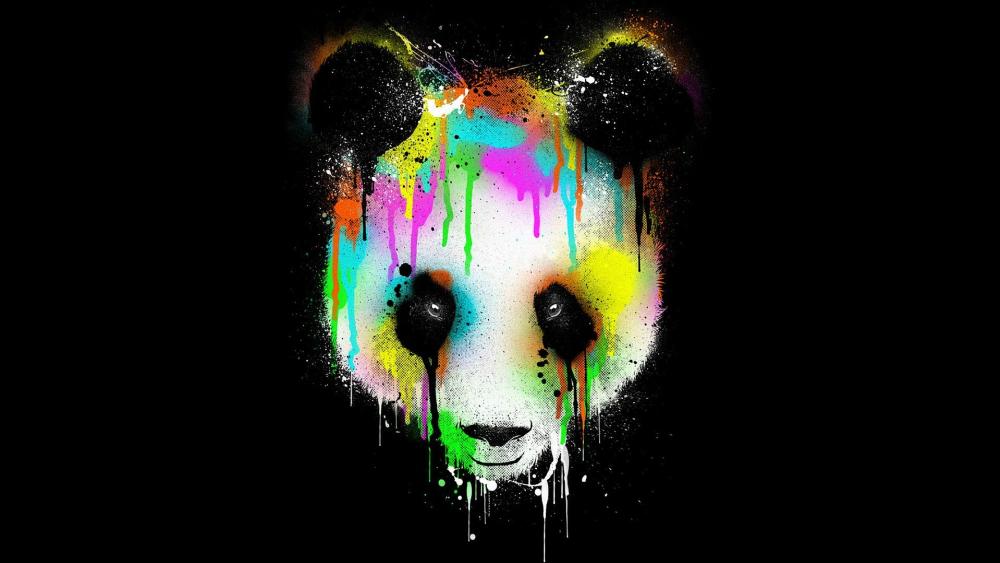 Colorful Panda Fantasy Art on Black Canvas wallpaper