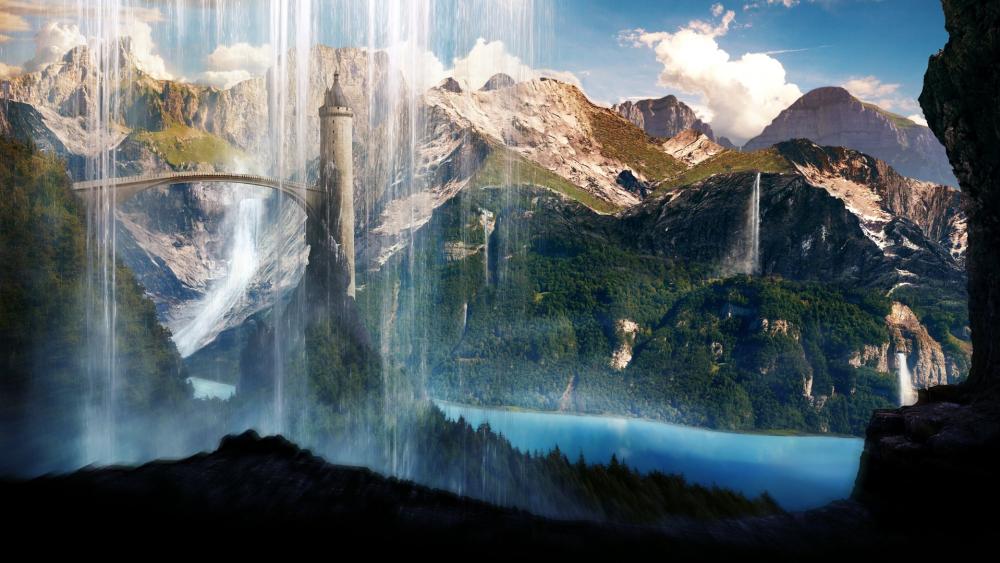 Mystical Fortress in a Cascading Wonderland wallpaper