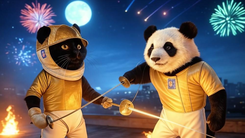 Panda and Cat Fencing Match Under Fireworks wallpaper