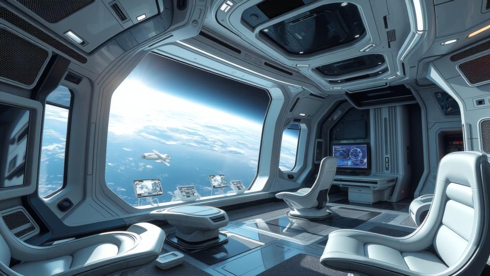 Futuristic Spaceship Interior with Earth View wallpaper