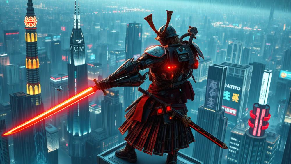 Samurai in a Futuristic Cyberpunk Cityscape wallpaper