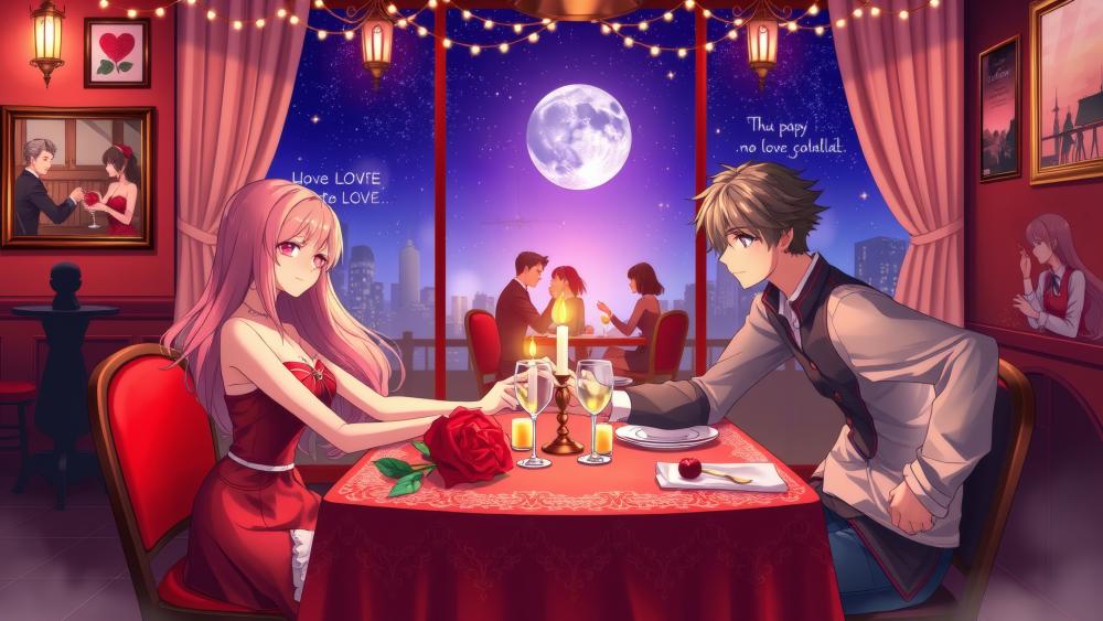 Romantic Dinner Under Moonlit Sky in Anime Style wallpaper