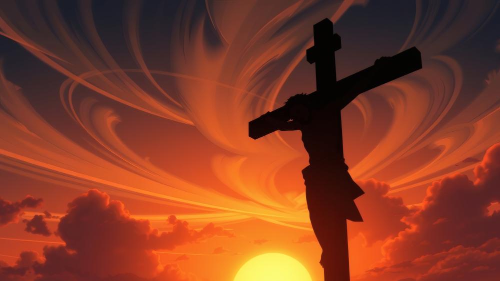 Silhouette of Jesus at Sunset Against Swirling Skies wallpaper