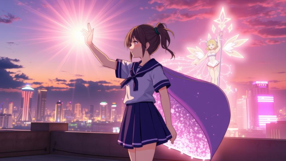 Anime Schoolgirl with Magic Aura in Cityscape wallpaper