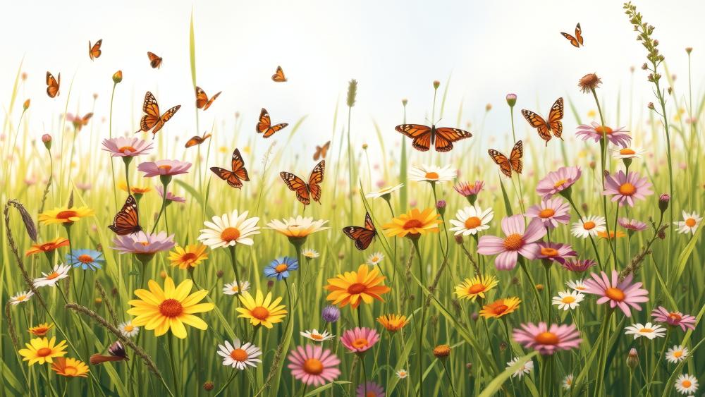 Butterflies Dance Over Vibrant Flower Field wallpaper