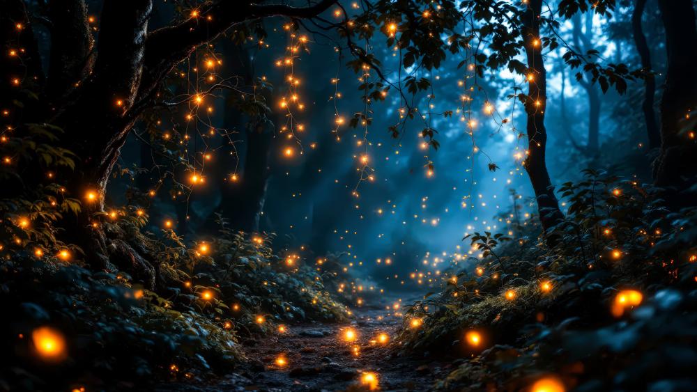 Magical forest illuminated with strange lights. wallpaper