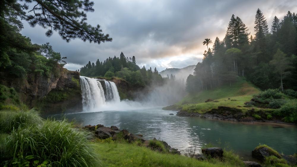 Waterfall Serenity in a Lush Forest Setting wallpaper