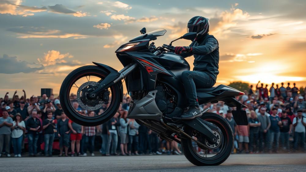 Motorbike Stunt at Sunset in 8K Detail wallpaper