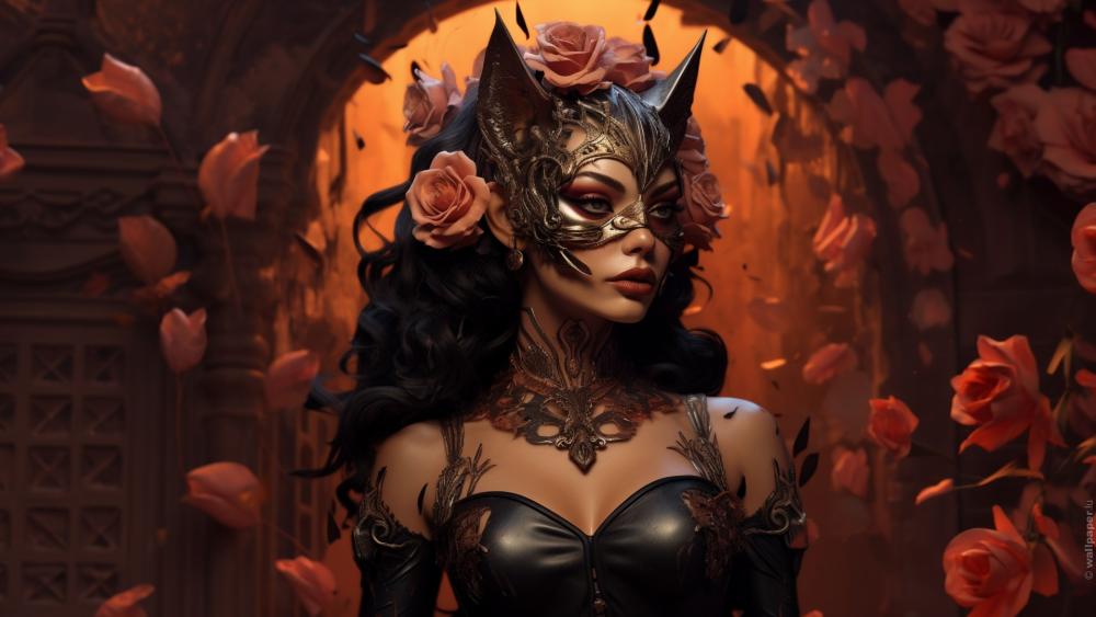 Mystical Rose-Masked Enchantress in Fantasy Realm wallpaper