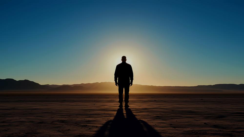 A man stands in front of a sun wallpaper