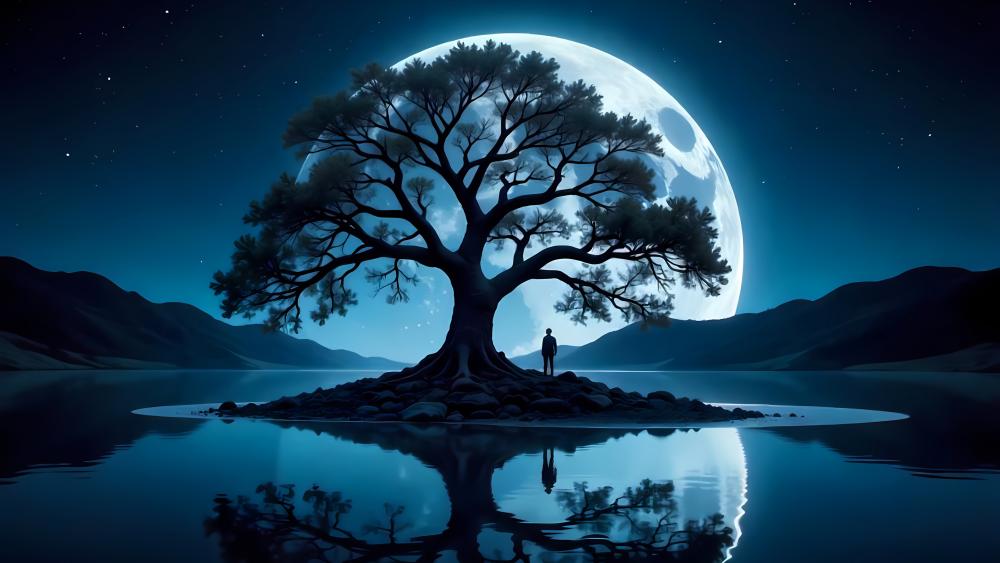 Fantasy Landscape with Giant Moon Reflection wallpaper