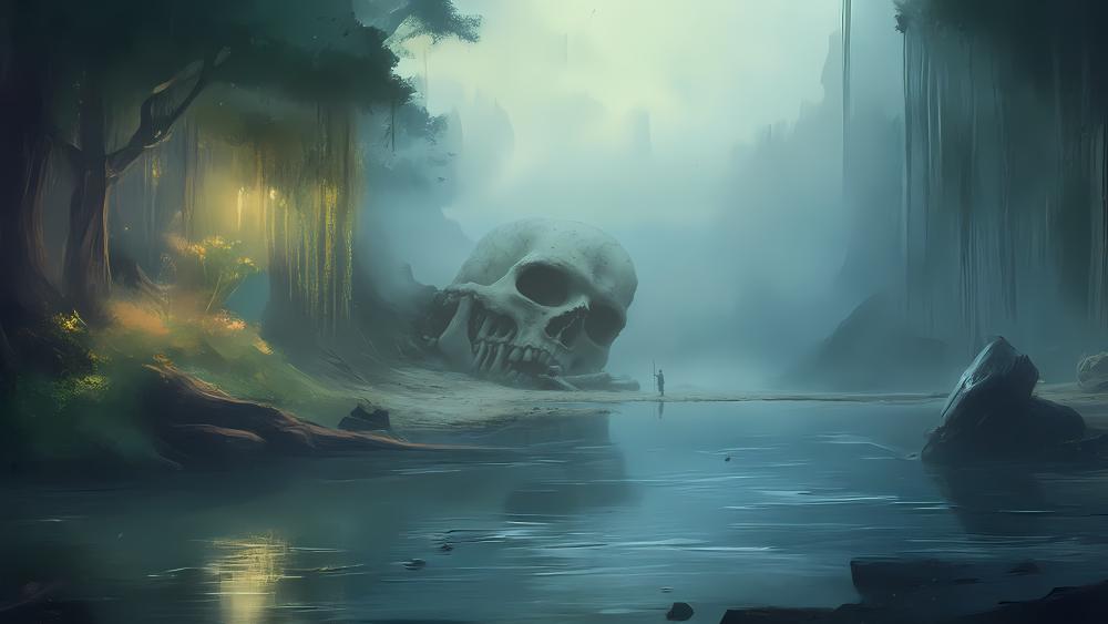 Giant Skull Amidst Mystical Mist wallpaper