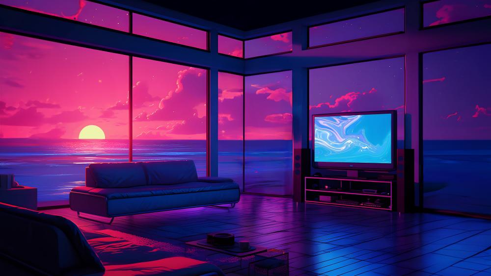 Neon Sunset Living Room Escape wallpaper