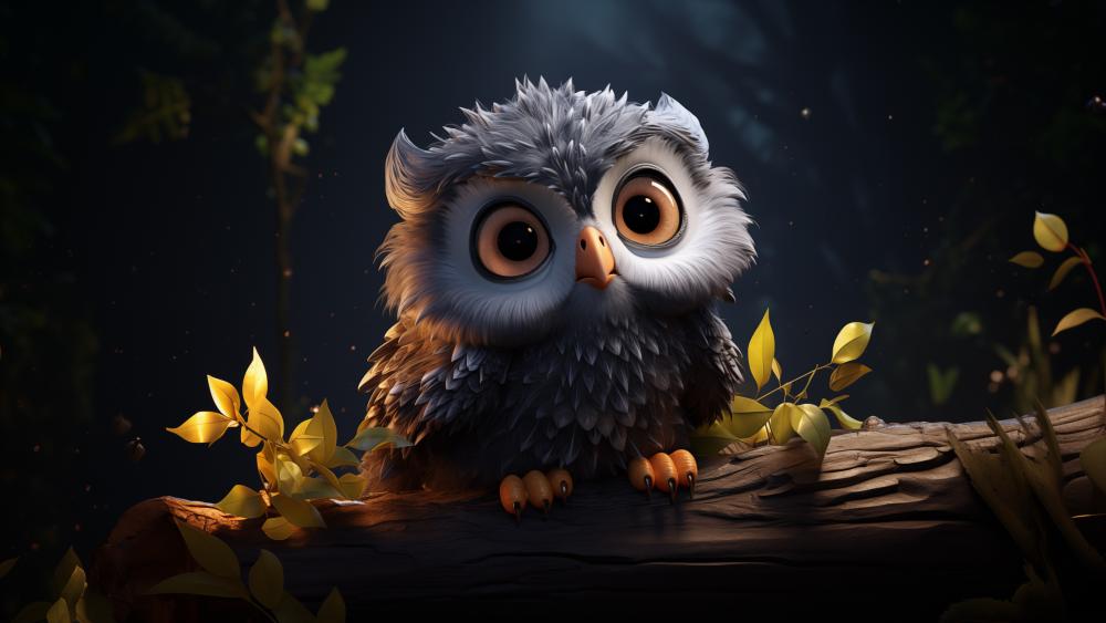 Cute Forest Owl in Magical Night Scene wallpaper