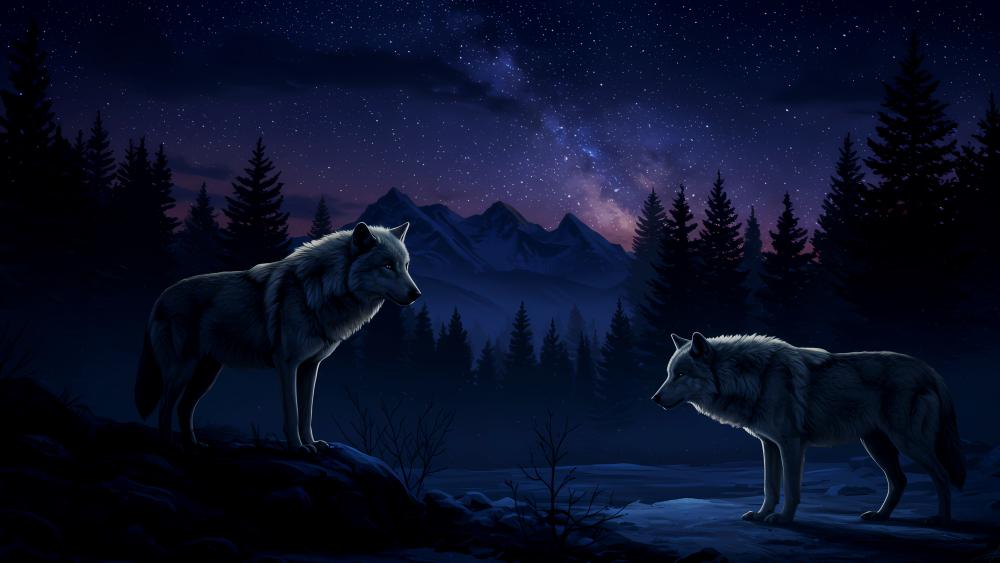 Mystical Wolves Under a Starlit Night Sky wallpaper