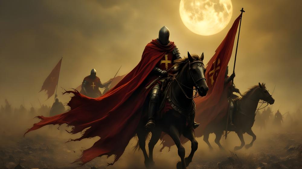 Crusader Knights Ride Under a Full Moon wallpaper