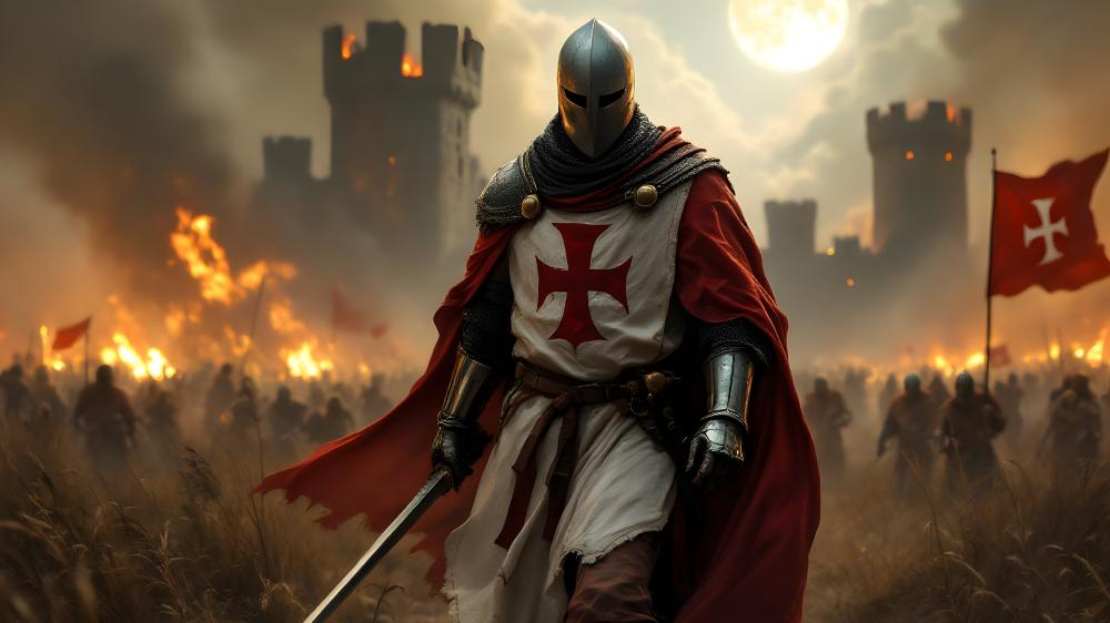 Medieval Crusader Knight amidst Fiery Siege wallpaper