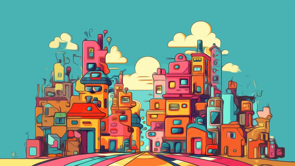 Whimsical Cartoon Town in Vibrant Hues wallpaper