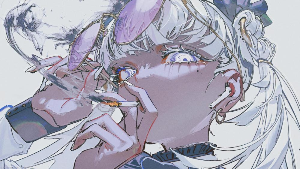 Anime Girl in Thoughtful Expression with Cigarette wallpaper