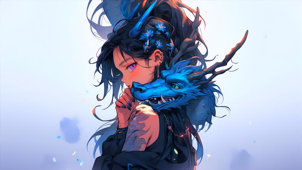 Mystical Connection An Anime Girl with Blue Dragon wallpaper