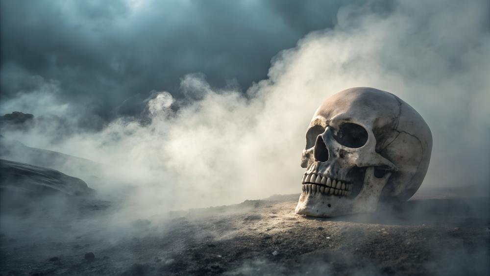 Skull Amidst Eerie Smoke in the Abyss wallpaper